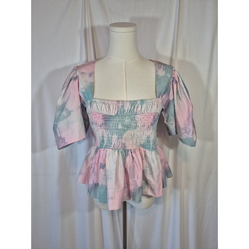 GANNI Pink Printed Cotton Puff Sleeve Smocked Top EU 38 US 6 - Picture 3 of 10